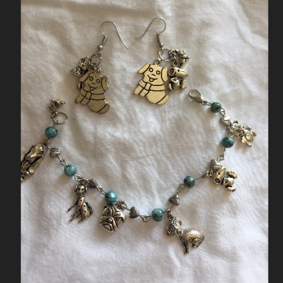 Dog Lovers Silver & Turquoise Charm Bracelet & Earrings Set Doggie Theme - Picture 2 of 5